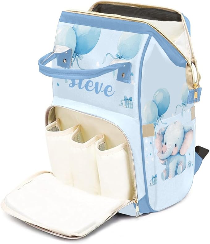 Cute Elephant Large Personalized Diaper Bag Backpack for Baby Boy with Name, Thermal Pockets, Waterproof Custom Baby Bags for Boys, Multi-functional Customized Nappy Bag Mom Travel Daypack