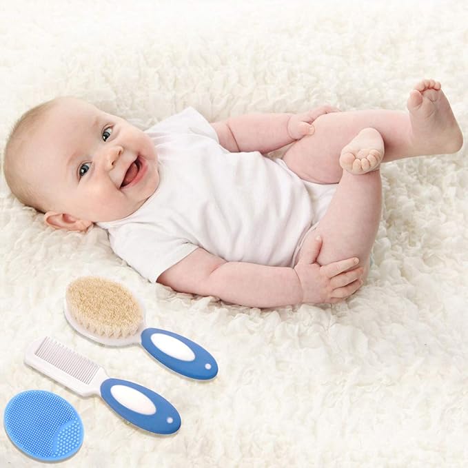 Baby Hair Brush and Comb Set for Newborns & Toddlers | Natural Soft Goat Bristles | Ideal for Cradle Cap | Perfect Baby Registry Gift (Blue)