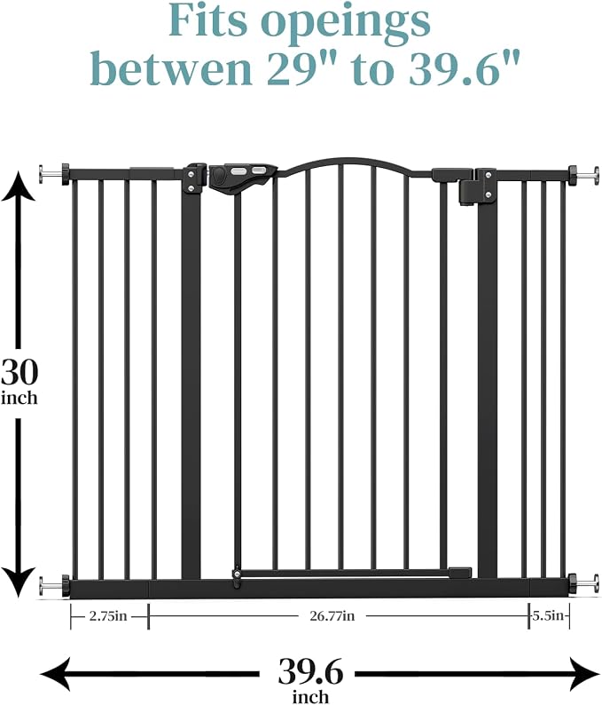 InnoTruth 29-39.6” Baby Gate for Stairs & Doorways, 30" Tall Pressure Mount Pet Gates, Easy Step Auto Close Both Sides Walk Thru Child Gate, Dual-Lock Safety Design and One-Hand Operation, Black