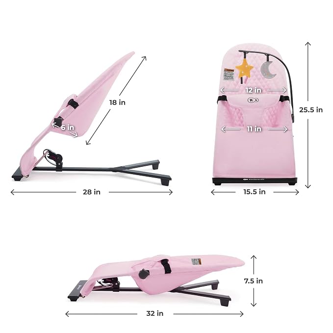Kinderkraft Mimi Portable Baby Bouncer, Safe and Ergonomic Bouncer Seat with Spine Support and an Additional Play Bar for Babies 0-6 Months, Pink