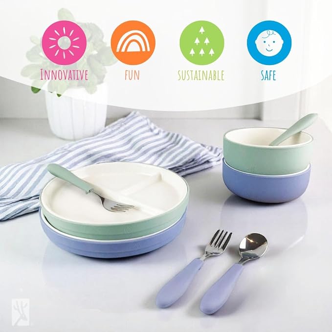 Elk and Friends Kids Porcelain Mealtime Bundle with Suction Sleeves | Plates, Bowls + Toddler Utensils | Silicone Sleeves | For Meals + Snacks | Microwave + Dishwasher Safe