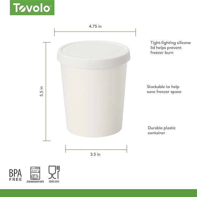 Tovolo 1 Quart Ice Cream Containers with Lid for Homemade Ice Cream Toppings Supplies, Air Tight Silicone Lid Reuseable Ice Cream Storage for Freezer Dishwasher Safe Frozen Treat Tub, White