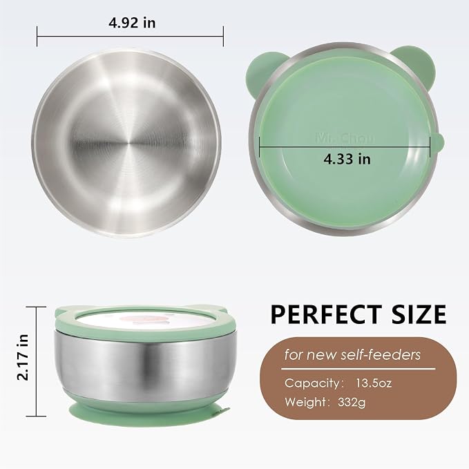MR. CHOU Baby Bowls with Non-Slip Silicone Suction Cup, Insulated Double-Layer 18/8 Stainless Steel Toddler Bowls with BPA Free Airtight Lids, Food-Grade Silicone Safe for Kids (Green)