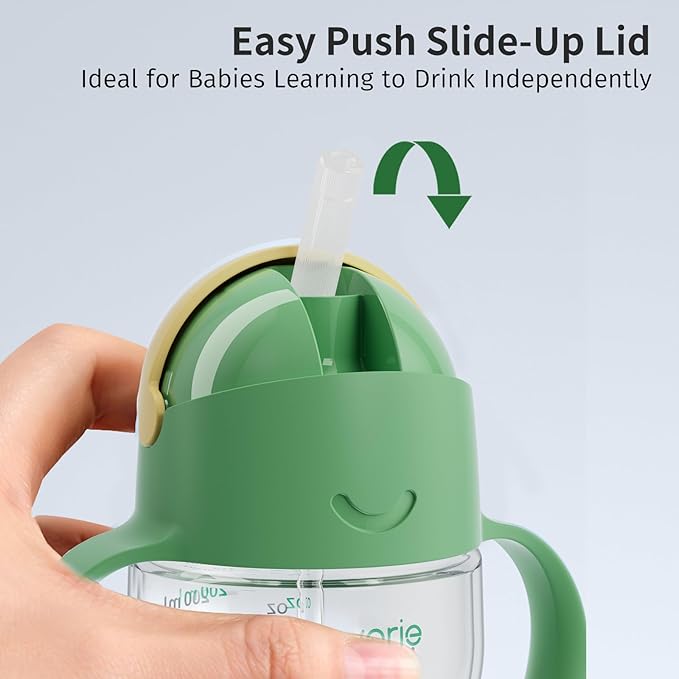 Evorie Tritan Weighted Straw Sippy Cup with Handles for Baby and Toddlers, Spill Proof Baby Water Bottle with Straw for 6 Months and up, 7 Oz, Infant Training Water Bottle (Green Explore)