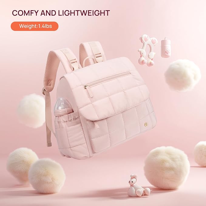 Telena Diaper Bag Mini Diaper Backpack with Changing Pad, Puffer Baby Travel Bag with Insulated Pockets, Stroller Straps, Pink