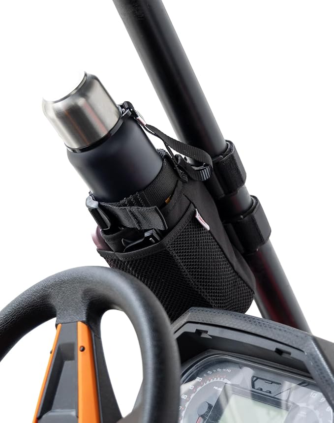 KEMIMOTO 1 Pack Cup Holder, Roll Bar Cup Holder for UTVs Wheelchair Scooter Walker Rollator Bike Golf Cart Boat with Mesh Pockets and Sticky Straps