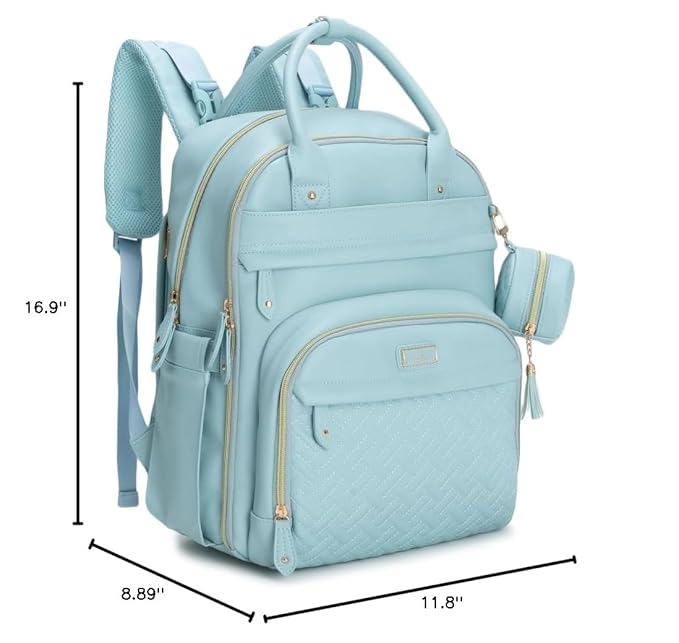 BabbleRoo Leather Diaper Bag Backpack - Baby Essentials Travel Baby Bag, Multi function, Water Resistant, with Changing Pad, Stroller Straps & Pacifier Case ??Unisex, Powder Blue