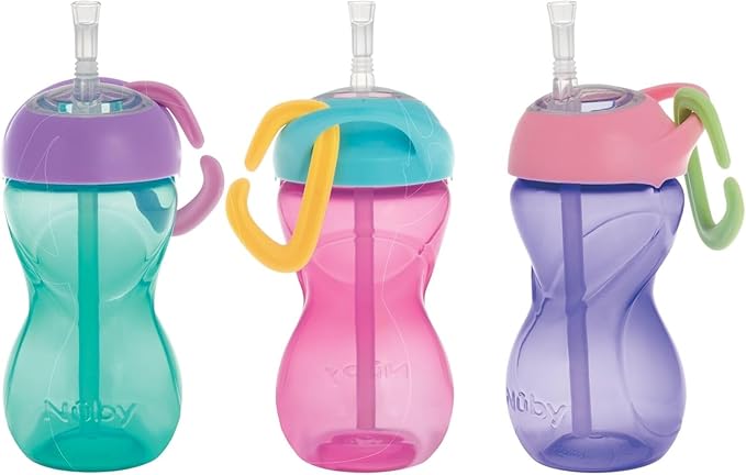 Nuby No-Spill Clik-It Flexi Straw Sippy Cup with Carabiner Clip - (3-Pack) 10 oz - Baby Sippy Cup for 6+ Month Old with Easy Grip - Aqua/Pink/Purple
