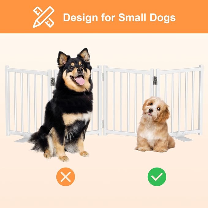 Snughome Short Dog Gate Indoor, 16" High Freestanding Small Dog Door Gates with Support Feet, Expands Up to 48’’ Wide Foldable Pet Gate for Doorway, 4 Panel Folding Pet Door Pet Fence for Puppy, White