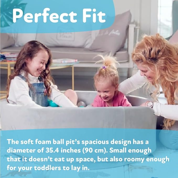 Nuby Velvet Ball Pit - 200 Colored Balls Included - Soft Foam Play Pit for Baby and Toddlers, Indoor/Outdoor Playpen, Play Gym - Aqua & Gray