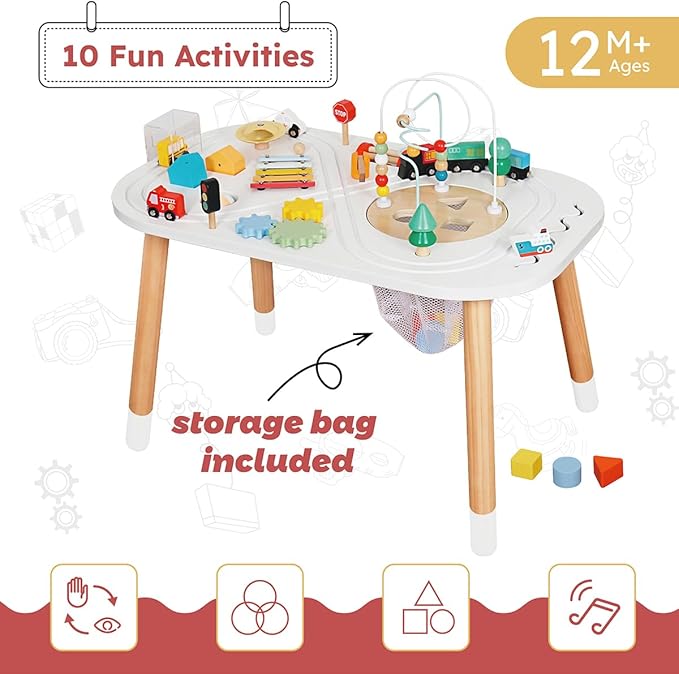 touch us Baby Activity Cubes for Kids,Toddler Activity Cubes&Activity Center Table with Wooden Bead Mazes,Mini Toy Car,Gears&Blocks|Wooden Desk Play Table as Montessori Toy for 1 Year Old Boy Girl