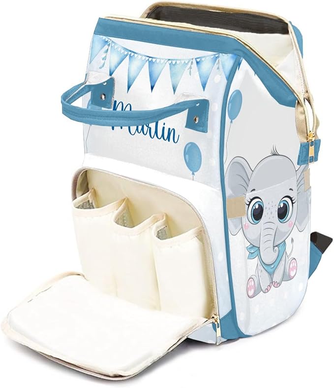 Cute Elephant Large Personalized Diaper Bag Backpack for Baby Boy with Name, Thermal Pockets, Waterproof Custom Baby Bags for Boys, Multi-functional Customized Nappy Bag Mom Travel Daypack
