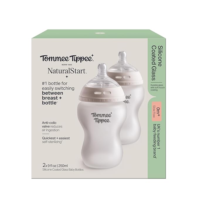 Tommee Tippee Silicone Coated Glass Baby Bottles for Feeding, 9 0z, Anti-Colic, 0+ Months, Slow Flow Breast-Like Nipple, Shatter-Proof Glass, BPA Free, Pack of 2