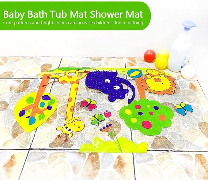PTAPIPI Sea Animal Kids Bath Mat - 27x15 Inch Oval PVC Mat with Suction Cups, Machine Washable, Colorful Design for Children (Animal World)