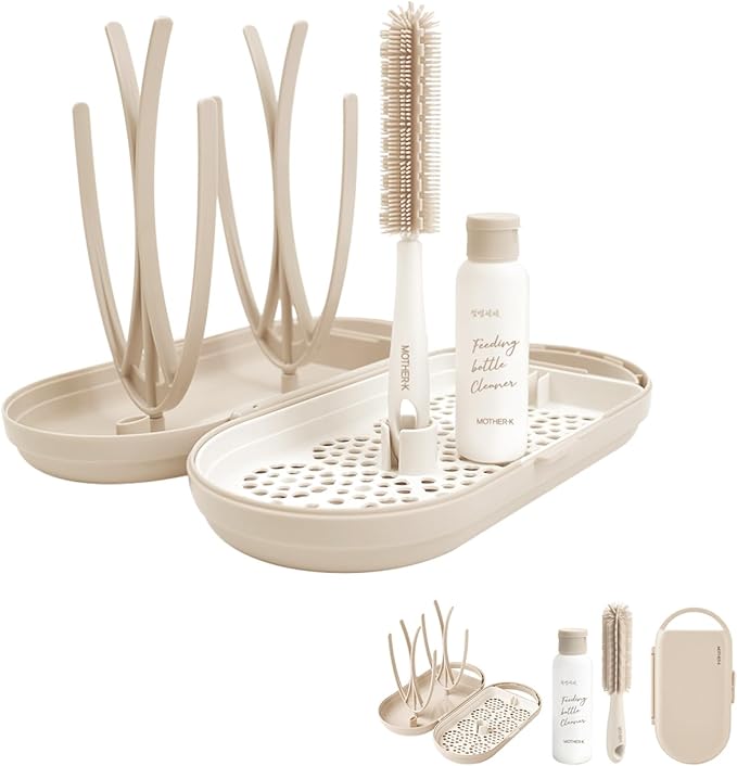 MOTHER-K Travel Baby Bottle Drying Rack Set - Baby Bottle Cleaner Kit with Mini Silicone Bottle Brush, Portable Bottle Drying Rack for Home and Travel (Cream)