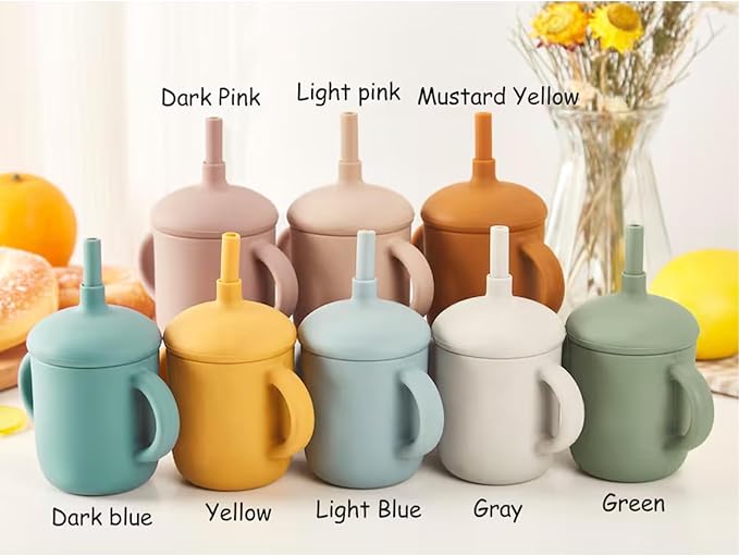 Personalized Silicone Baby Sippy Cup with Straw, Custom Engraved Name Leak-Proof 5oz Toddler Training Cup with Handle & Lid for 6+ Months