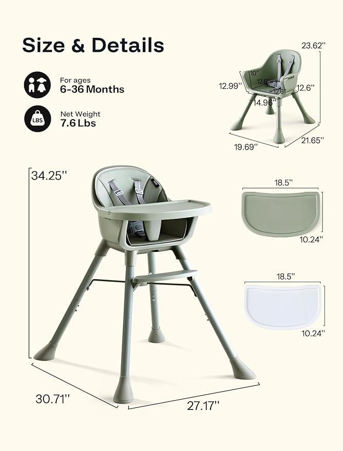 HARPPA 2 in 1 Baby High Chair for Babies and Toddlers, Convertible High Chairs with Removable Double Tray, Waterproof PU Seat Cushion, Anti-Slip Footrest and 5-Point Harness for 6??6 Months, Sage