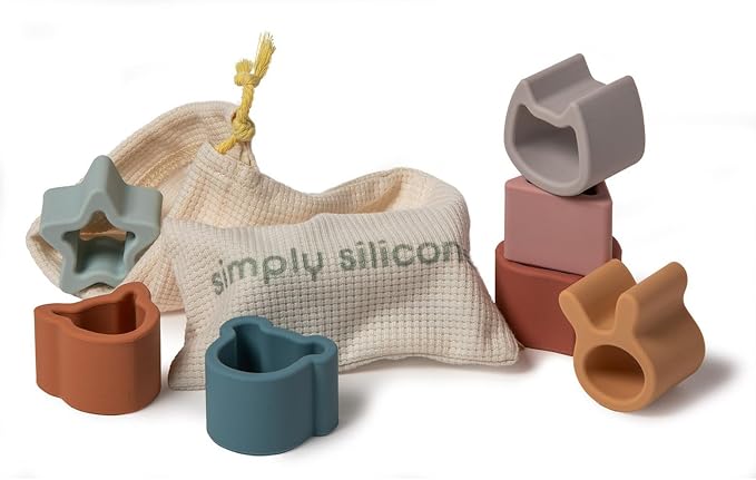 Mary Meyer Baby and Toddler Toys Simply Silicone Stacking & Sorting Shapes with Drawstring Bag for 12+ Months Old Preschool Gifts, 7 x 7-Inches, Animal, Star, Heart Shapes