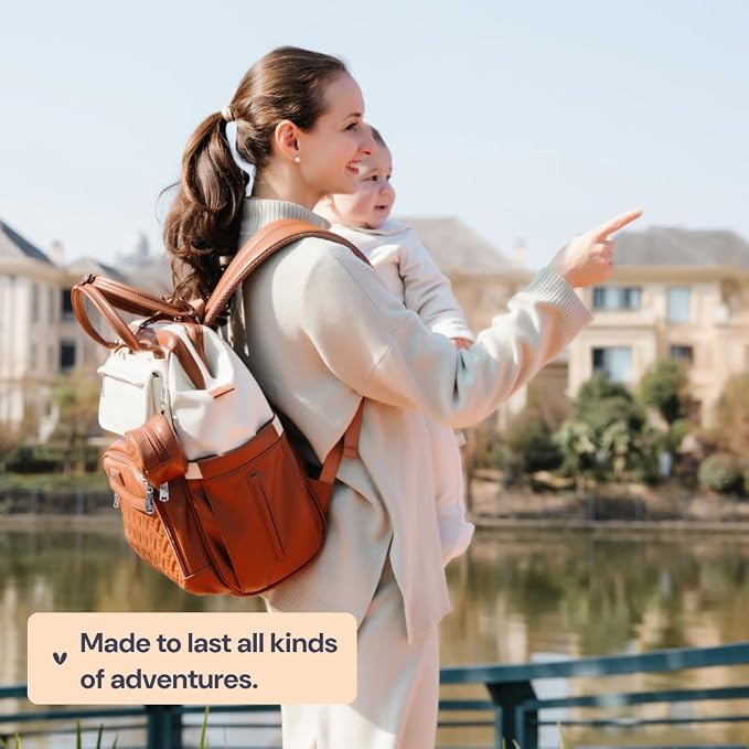 BabbleRoo Leather Diaper Bag Backpack, Multifunction Large Bags with Changing Pad & Stroller Straps & Pacifier Case, Unisex Stylish Travel Back Pack Nappy Changing Bag for Moms Dads (Coffee Cream)