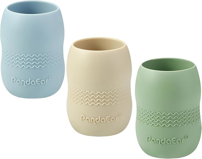 PandaEar 3 Pack 100% Tiny Silicone Drinking Training Cup for Baby and Toddler, Tiny Open Cups for Infants, 3.5oz (Blue/Green/Tan)