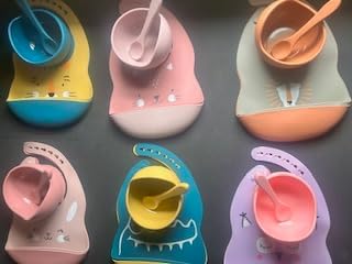 Waterproof Sage lion Bib Toddler Silicone Baby Feeding Set with bowl and spoon