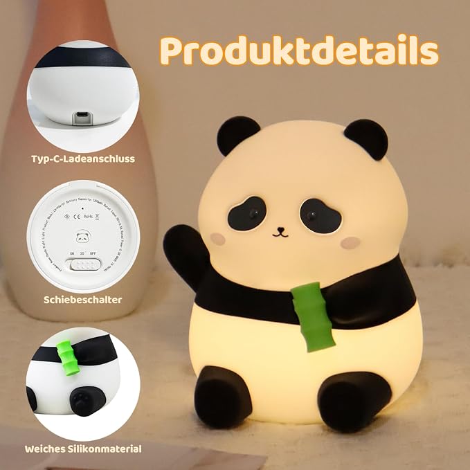 Rytinazzz Silicone Night Light for Kids, 50H Long Battery Panda Lamp, Gift for Kids, Soft Dimmable Bedside Light, Rechargeable Tap Control