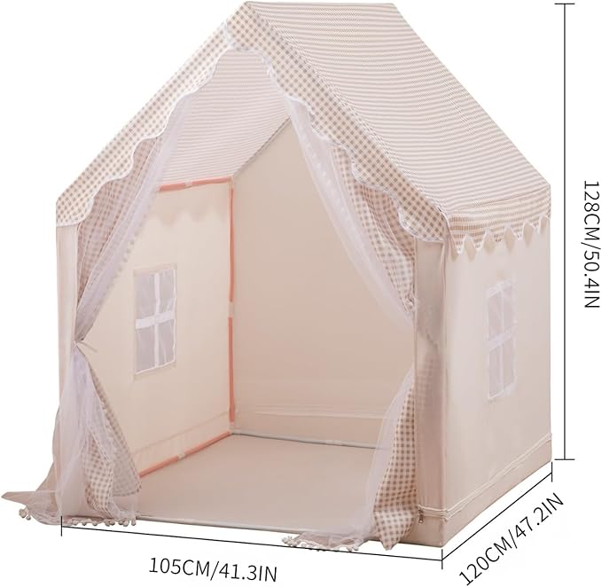 Kids Play Tent Children Tent with Star Lights & Mesh Curtains Indoor/Outdoor Playhouse for Boys and Girls Large Play Tent for Birthday Party & Secret Base Khaki