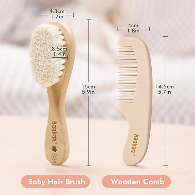 haakaa Baby Hair Brush and Comb Set for Newborns & Toddlers - Natural Soft Wool Bristles and Wooden Handle, Gently Grooms Baby's Hair, Ideal for Cradle Cap, Perfect Baby Gift, 2pk
