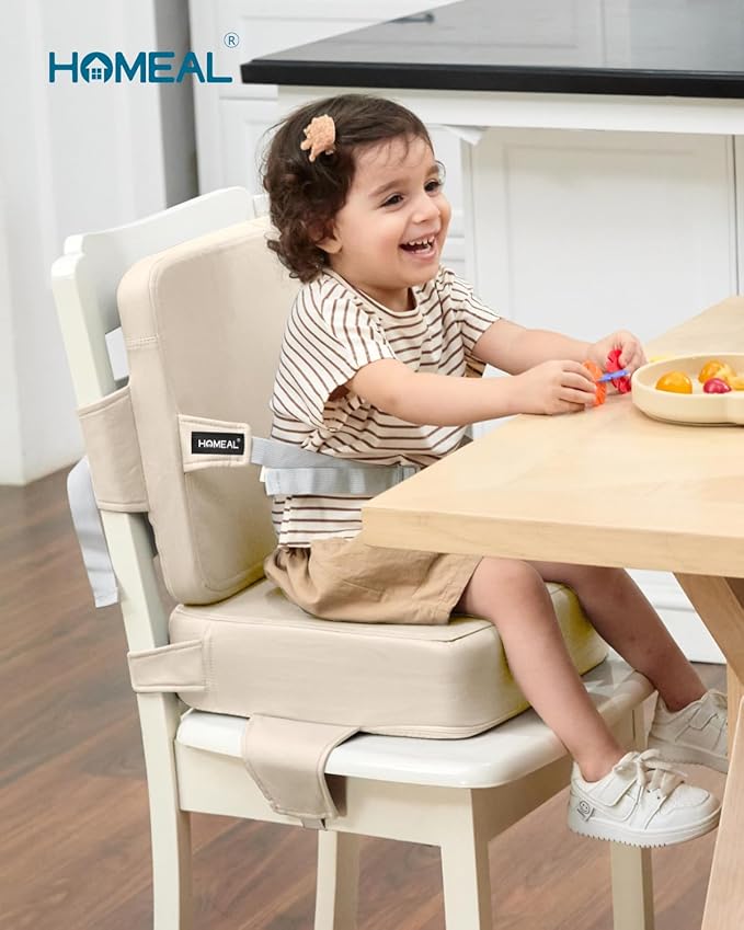 HOMEAL Toddler Booster Seat for Dining Table - Toddler Dining Cushion with Wipeable Surface -Booster Seat for Kitchen Chair with Easy-Install Straps - Breathable Fabric - Beige