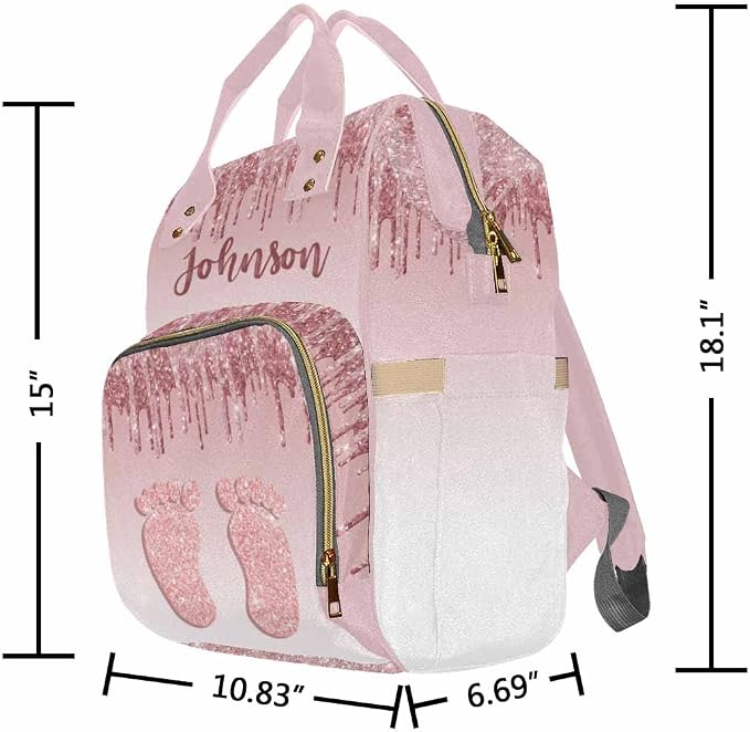 InterestPrint Custom Diaper Bag Backpack Personalized Glitter Drips Rose Gold Feet Backpack with Text Bag Nursing Bags Fashion Shoulders Bag Casual Daypack Travel Multipurpose Bag for Men Women