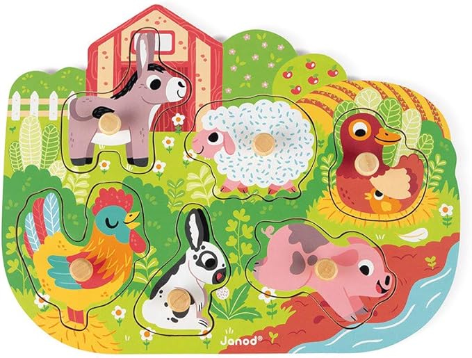 Janod 6 Piece Colorful Happy Farm Wooden Knob Puzzle - Ages 18 Months+ - J07096
