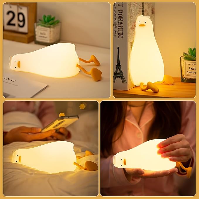 Lying Flat Duck Night Light,LED Squishy Silicone Nursery Nightlight,3 Level Dimmable Nursery Nightlight,Toddler Baby Night Light Christmas gifts for Kids,Nursery Touch Kawaii Lamp Room/House Décor