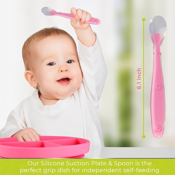 Sperric Silicone Suction Plate for Baby - 100% Food Grade Silicone Divided Plate | Toddler Self Feeding Training Suction Plate Set | BPA-Free, Microwave Dishwasher Safe Stay Put Plates (Green & Pink)