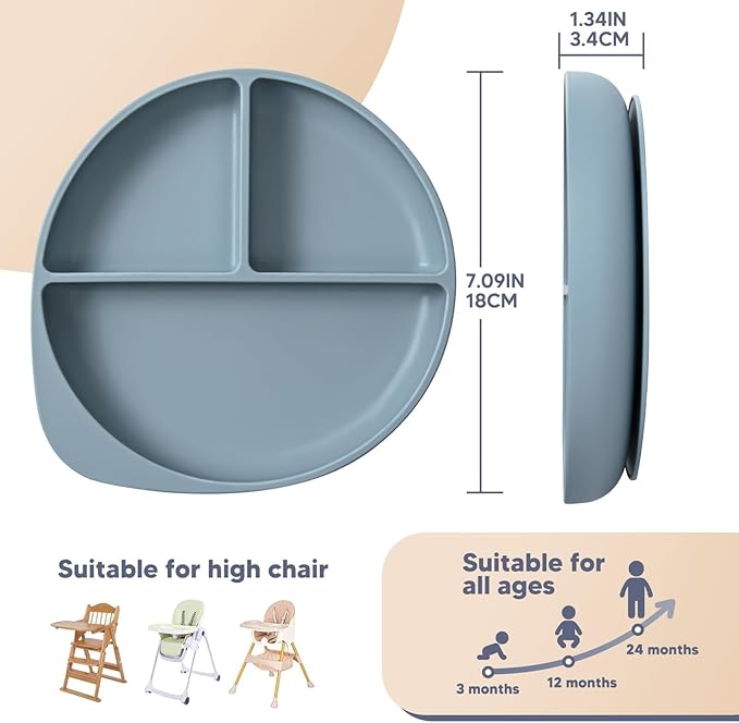 Suction Plates for Babies & Toddlers, 100% Silicone Divided Plates 2-Pack, Non-Slip Dishwasher & Microwave Safe Baby Feeding Essentials