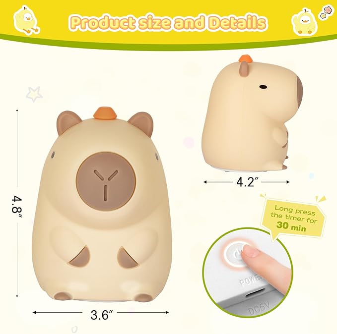 Night Light for Kids, Rechargeable Dimmable Silicone LED Nightlight, Baby Nursery Night Lamp, Touch Squishy Lamp, Cute Gifts for Girls, Boys, Toddler Room Decor, Capybara