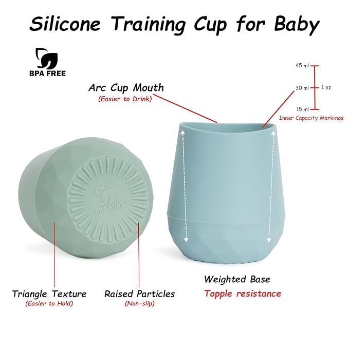 Seposeve Silicone Baby Cups for 6-12 Months, 12-24 Months, Pack of 2 Tiny Open Training Silicone Cup for Toddler, Baby Mouth-Like Design, with Capacity Markings, Green Blue