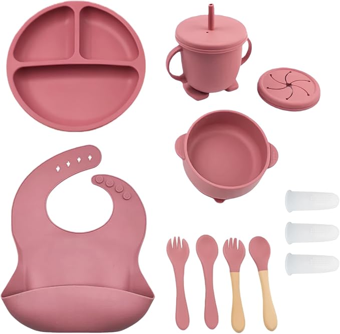 Silicone Baby Feeding Set with Suction Bowls, Divided Plate, Adjustable Bib, Wooden Handle Utensils, Training Cup, 9-Piece Weaning Essentials, Sage Green (Rosy)