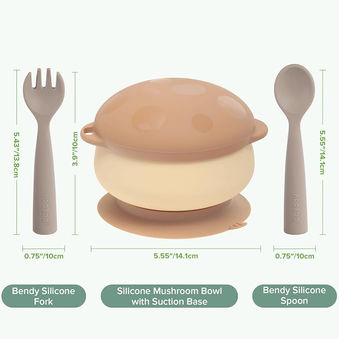 haakaa Silicone Mushroom Bowl & Bendy Cutlery Set β Baby Bowls with Suction & Spillproof Lid, Baby Spoons & Forks for Self Feeding, BPA-Free - Toast