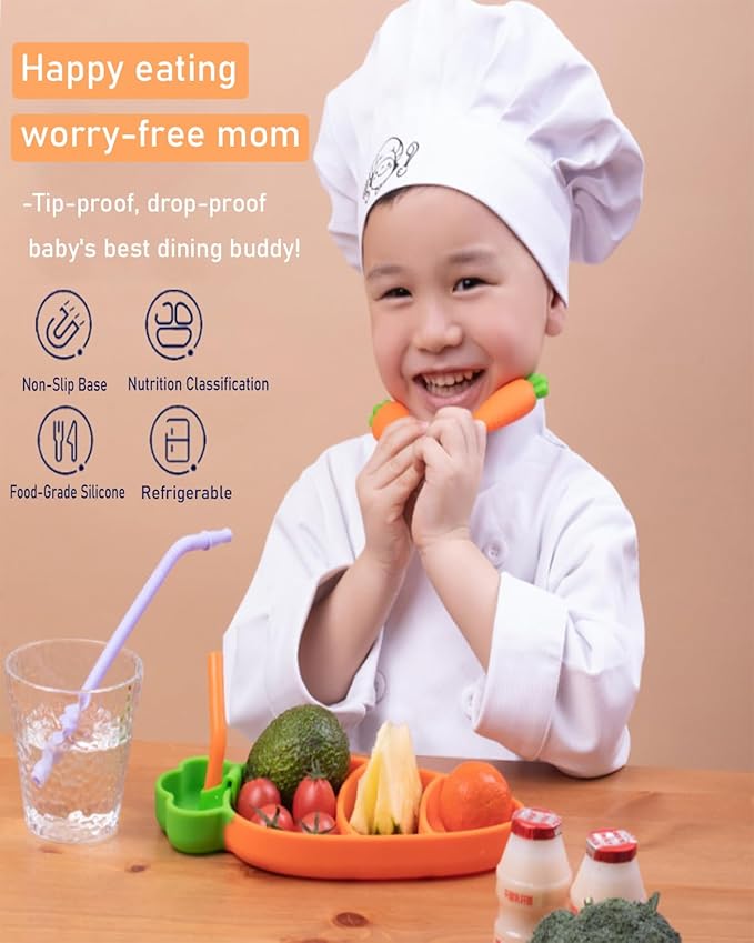 4-Piece Silicone Baby Feeding Set ??Baby Plates with Strong Suction, Toddler Plates Set, Unbreakable Food-Grade Silicone Divided Plate with Spoon, Fork & Straw Brush