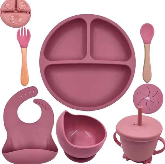 Silicone Baby Feeding Set with Suction Plate, Bowl, Spoon, Fork, Bib and Cup – BPA Free Baby Led Weaning Set