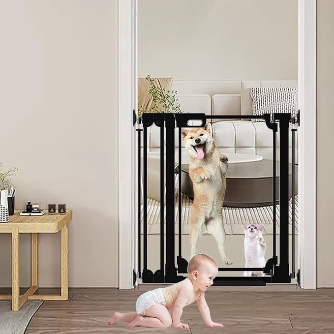 40" Clear Tall Dog Gate with Door, 29.5-47.2" Transparent Wide Baby Gates for Large Pet Cats, Walk Thru Extra High Doggie Gates Doorways Stairs Indoor, Pressure Mounted Safety Gates, Black