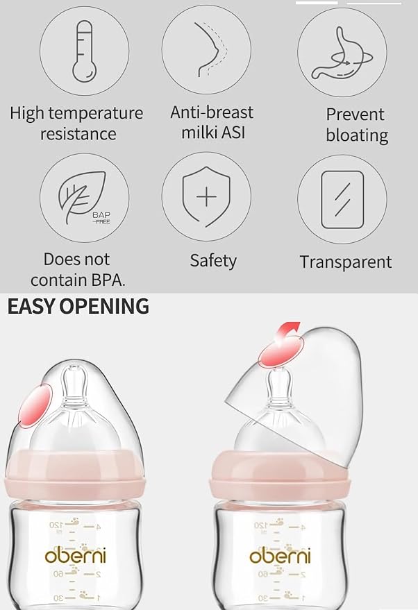 Oberni Glass Baby Bottles,Anti Colic Breastfeeding Bottle with Natural Response Nipple Size S,Wide Neck Slow Flow Baby Bottle for Baby,Newborn,Preemie 0-3 0-6 Month,BPA Free (Blue, 1 Pack, 4 Ounce)