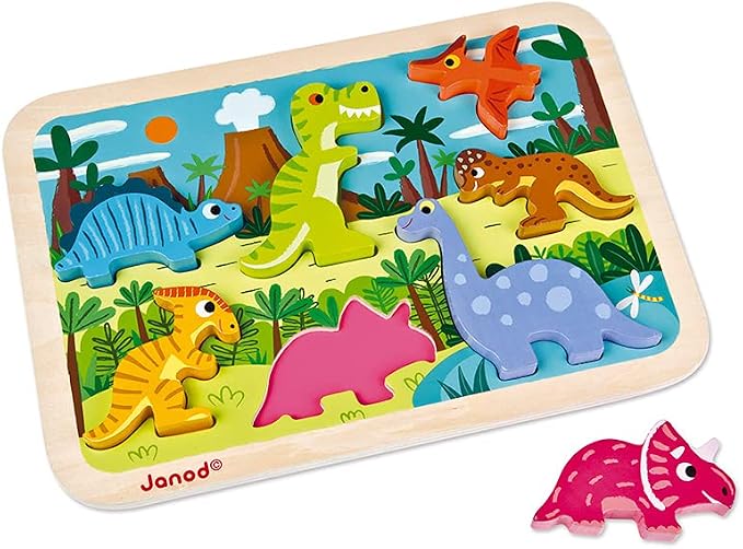 Janod - Dinosaur Chunky Puzzle 7 Pieces - Toddler Playtime - Enhances Motor Skills - Durable Wooden Design - Stimulates Imagination, Vibrant Colors, Educational French Design - J07054
