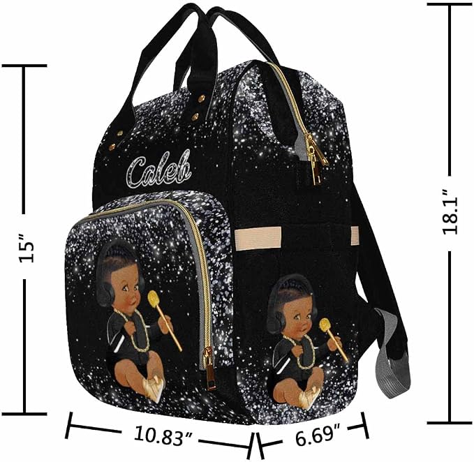 InterestPrint Custom Name Diaper Bag Backpack with Prince Glitter Dot Design, Black, 10.83" L x 6.69" W x 15" H, Waterproof Nylon, Insulated Milk Bottle Pockets, Unisex