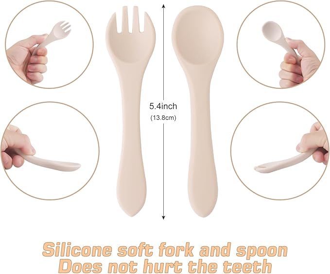 Baby Suction Plate, Silicone Toddler Plate for Kids Baby Weaning Plate Strong Suction Divided Dish with Fork Spoon, BPA Free (Orange) (Beige)