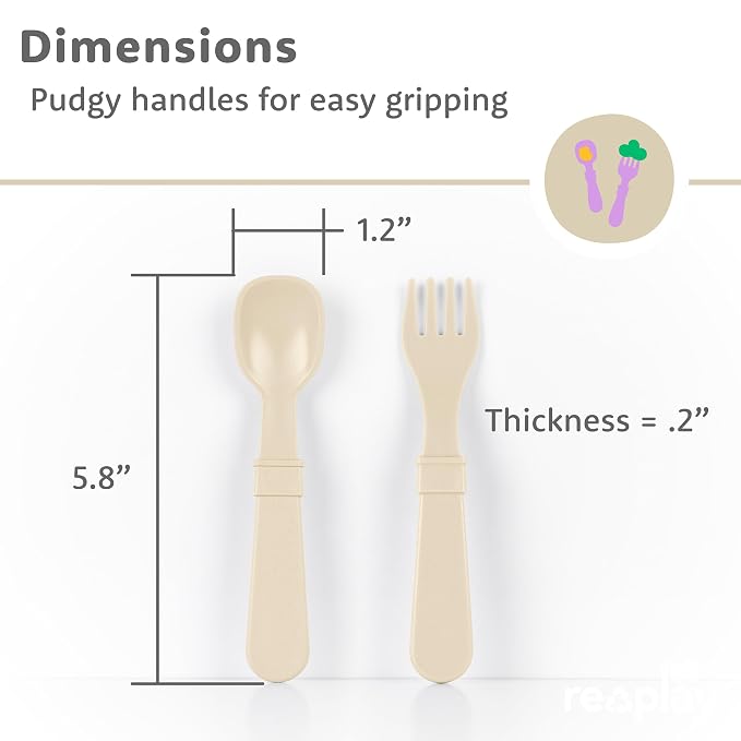 Re-Play Toddler Forks and Spoons Set - 4x4 Utensils Set for Kids - Dishwasher and Microwave Safe - Made in USA - Set of 8-5.8" x 1.2" x 0.2" - Sand Beige