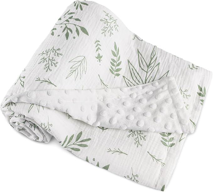 GLLQUEN BABY Blankets for Boys Girls, Soft Muslin Cotton Front Dotted Fleece Backing, Nursery Minky Crib Blanket for Infant Toddler, 30 x 40 inches Throw Blanket, Green & Leaves