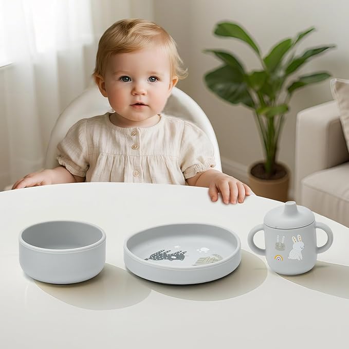 silicone baby feeding set, Baby Led Weaning Supplies,Cutlery Feeding Supplies, Baby Utensils Feeding Essentials for Starting Solidsï¼? Piece Set (Gray)