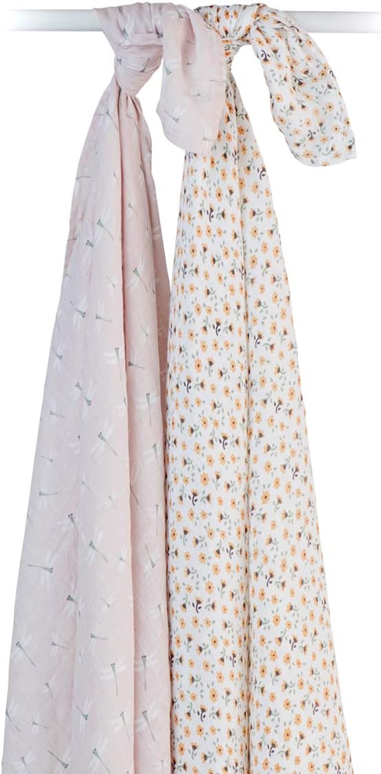 Lulujo Baby Swaddle Blankets | Unisex Softest Breathable Cotton Muslin Swaddle Blanket Set | Neutral Receiving Blanket for Girls & Boys | 40in x 40in | Vintage Floral & Dragonfly | 2-Count