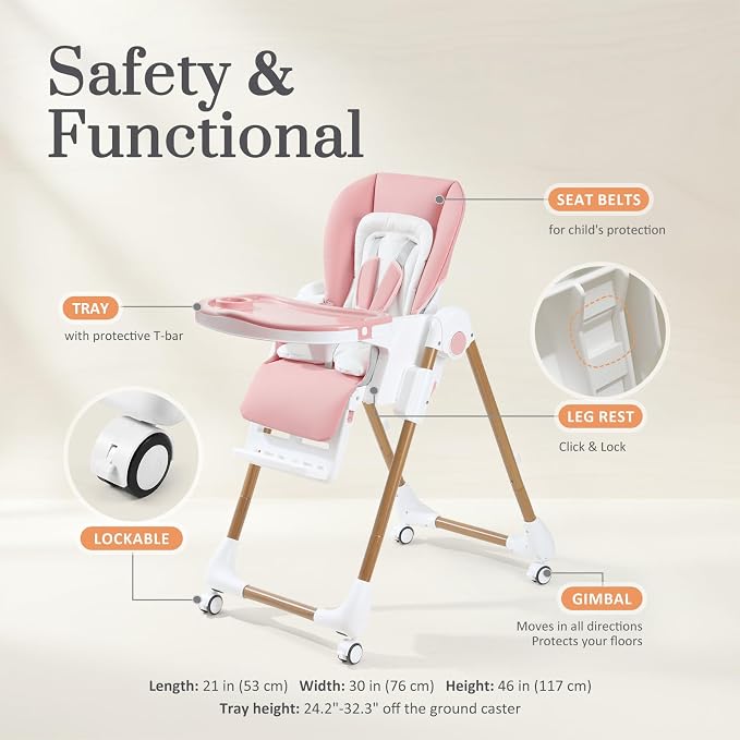 Mallify Foldable High Chairs for Babies and Toddlers, 3-in-1 Convertible Baby High Chair with Removable Soft Cushion and Tray, Adjustable Height & Recline, Lockable Wheels, Pink